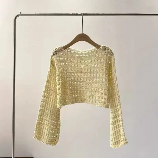 Long Sleeve Crochet Knit Top - Summer Beach Bikini Cover-Up & Boho Crop Pullover for Women - One Size / APRICOT