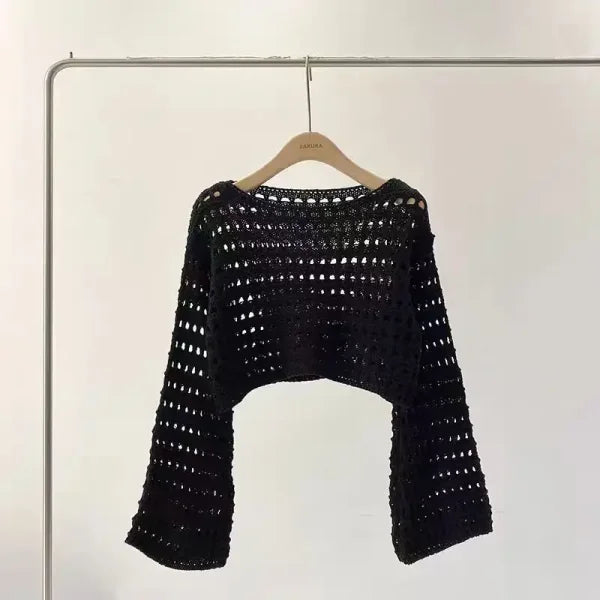 Long Sleeve Crochet Knit Top - Summer Beach Bikini Cover-Up & Boho Crop Pullover for Women - One Size / black
