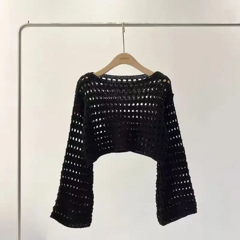 Long Sleeve Crochet Knit Top - Summer Beach Bikini Cover-Up & Boho Crop Pullover for Women - One Size / black