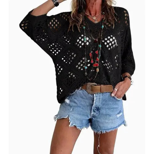Long Sleeve Knitted Blouse in All Sizes for Beach Pullover Style - Black / 3XL - None