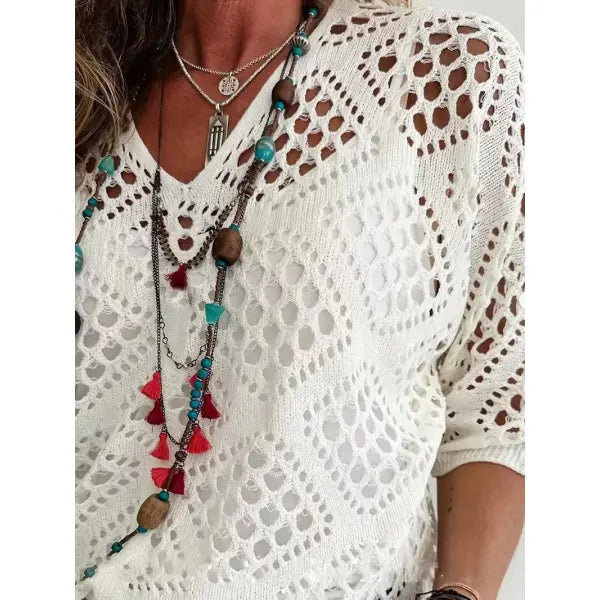 Long Sleeve Knitted Blouse in All Sizes for Beach Pullover Style - White / L - None