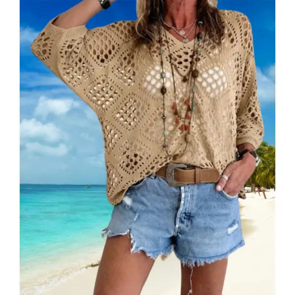 Long Sleeve Knitted Blouse in All Sizes for Beach Pullover Style - Apricot / 3XL - None