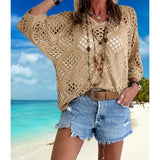 Long Sleeve Knitted Blouse in All Sizes for Beach Pullover Style - Apricot / 3XL - None