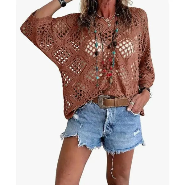 Long Sleeve Knitted Blouse in All Sizes for Beach Pullover Style - Caramel color / 3XL - None