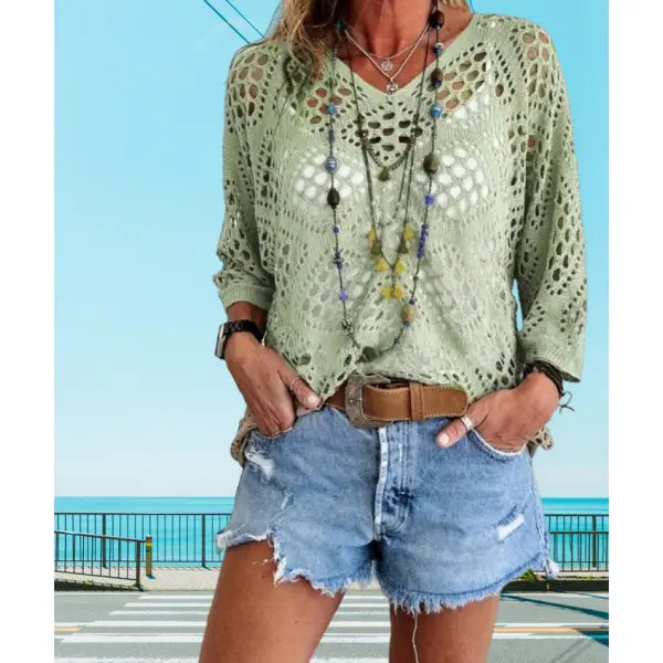 Long Sleeve Knitted Blouse in All Sizes for Beach Pullover Style - Green / 3XL - None