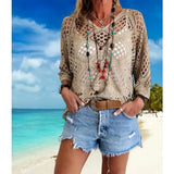 Long Sleeve Knitted Blouse in All Sizes for Beach Pullover Style - Khaki / 3XL - None