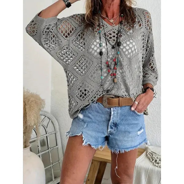 Long Sleeve Knitted Blouse in All Sizes for Beach Pullover Style - Grey / 3XL - None