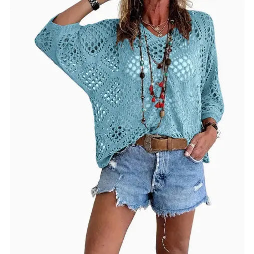 Long Sleeve Knitted Blouse in All Sizes for Beach Pullover Style - Lack blue / 3XL - None