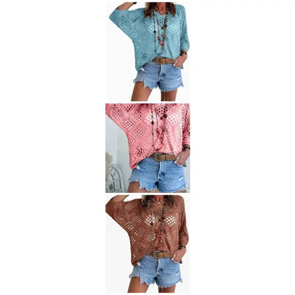 Long Sleeve Knitted Blouse in All Sizes for Beach Pullover Style - Lack Blue Pink Caramel / L - None