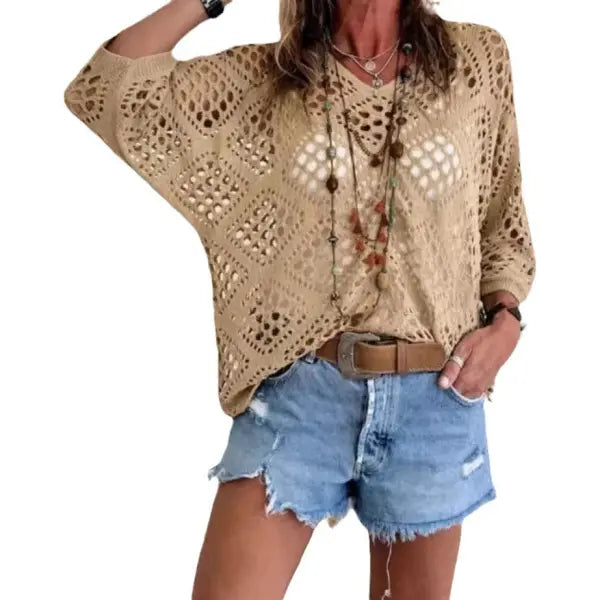 Long Sleeve Knitted Blouse in All Sizes for Beach Pullover Style - None