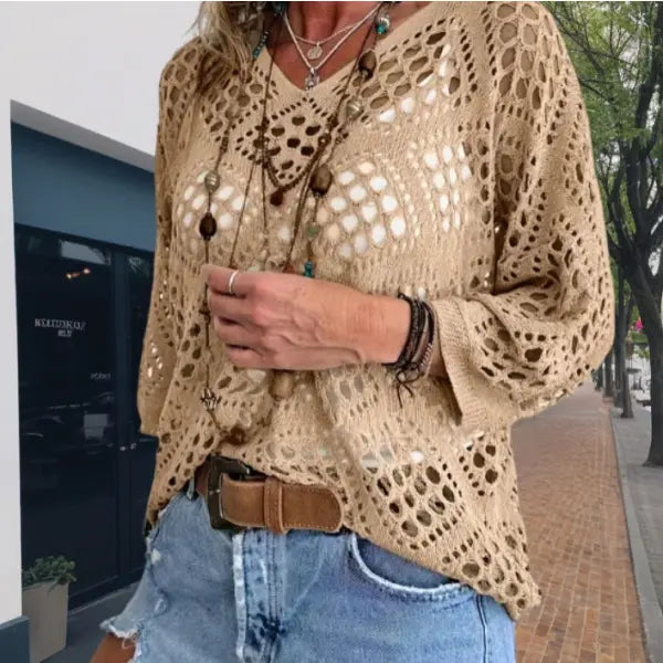 Long Sleeve Knitted Blouse in All Sizes for Beach Pullover Style - None