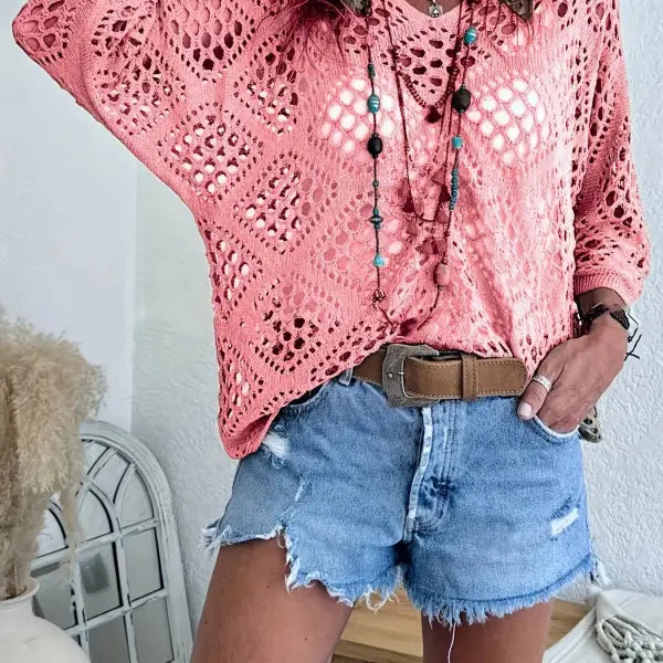 Long Sleeve Knitted Blouse in All Sizes for Beach Pullover Style - Pink / 3XL - None