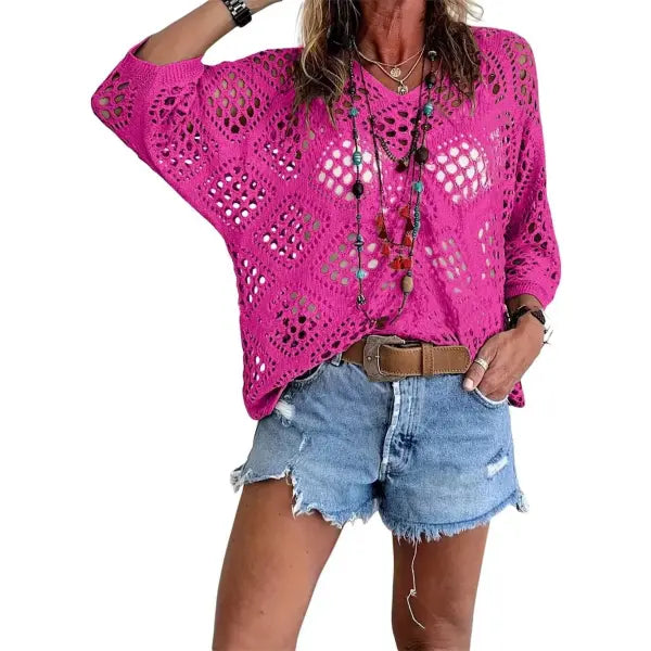 Long Sleeve Knitted Blouse in All Sizes for Beach Pullover Style - Rose Red / 3XL - None
