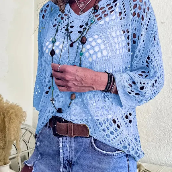 Long Sleeve Knitted Blouse in All Sizes for Beach Pullover Style - Sky Blue / 3XL - None