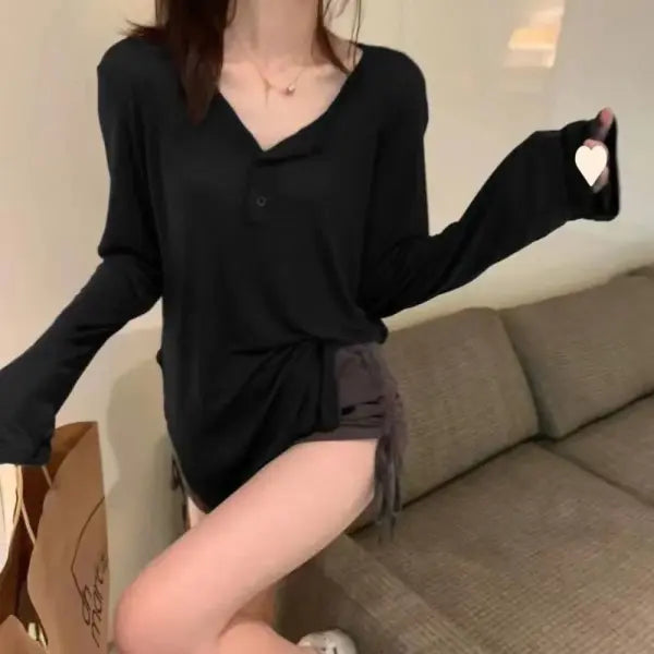 Long Sleeve Tank Top Korean Fashion Y2k Button T Shirts V Collar Sun Protection Frock Lady - Black / M