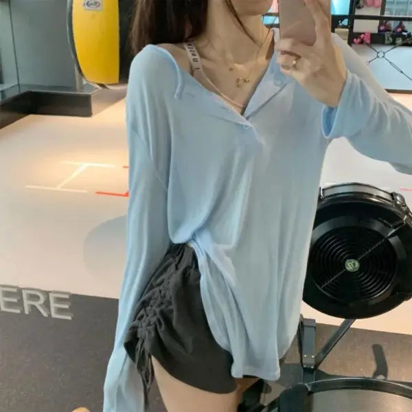 Y2K Button-Down Ribbed Henley - Long Sleeve V-Neck Crop Top & Sun Protection Layer for Women - Blue / M