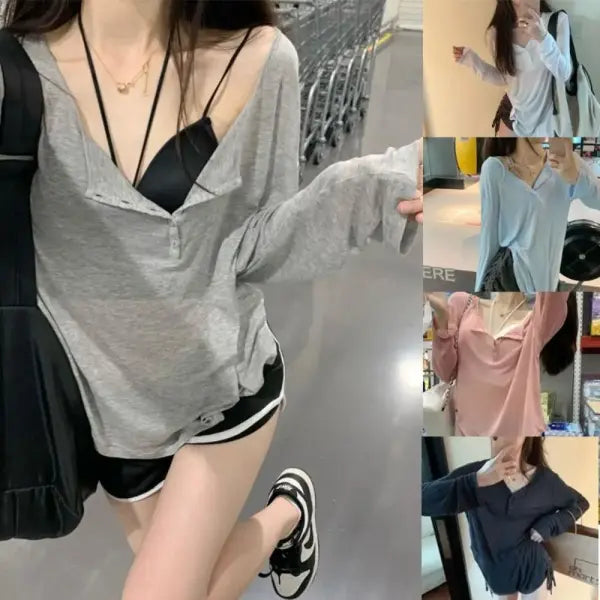 Long Sleeve Tank Top Korean Fashion Y2k Button T Shirts V Collar Sun Protection Frock Lady