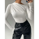 Long Sleeve Top White T-Shirts Women Basic Crop Top Autumn Pollover Solid Skew Neck T Shirt Streetwear Basic Black Y2K