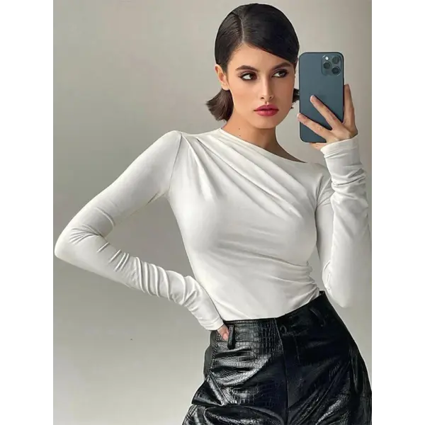 Long Sleeve Top White T-Shirts Women Basic Crop Top Autumn Pollover Solid Skew Neck T Shirt Streetwear Basic Black Y2K