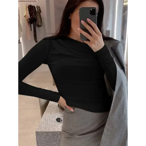 Long Sleeve Top White T-Shirts Women Basic Crop Top Autumn Pollover Solid Skew Neck T Shirt Streetwear Basic Black Y2K