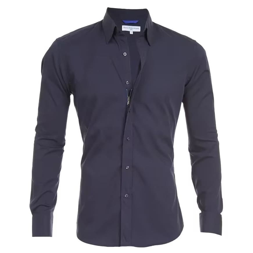 Long Sleeve Zipper Shirt With Button Design Fashion Lapel Tops For Mens Clothing - Navy Blue / L