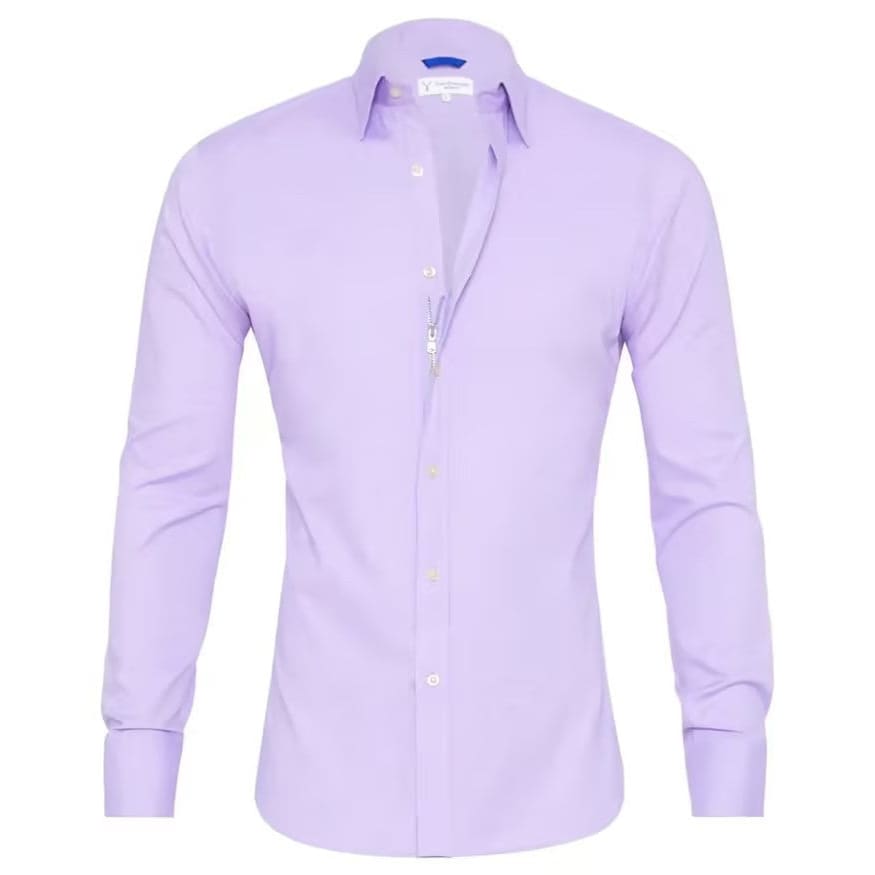 Long Sleeve Zipper Shirt With Button Design Fashion Lapel Tops For Mens Clothing - Lavender Purple / L