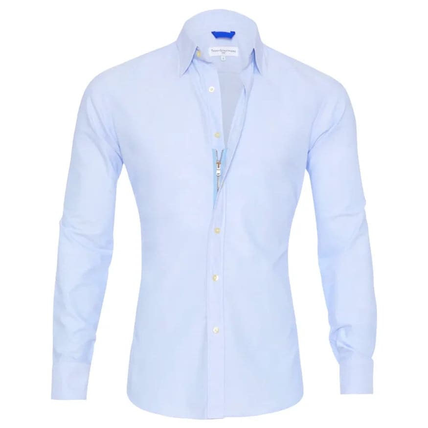 Long Sleeve Zipper Shirt With Button Design Fashion Lapel Tops For Mens Clothing - Light Blue / L