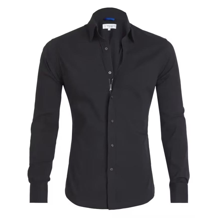 Long Sleeve Zipper Shirt With Button Design Fashion Lapel Tops For Mens Clothing - Black / L