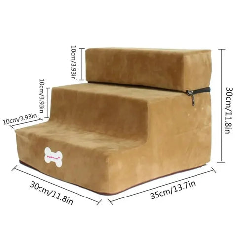 Tan suede-like LOOFI 3-Step Memory Foam Pet Stairs with bone decoration for small pets