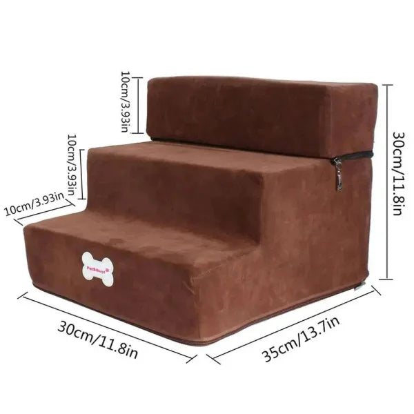 Brown LOOFI 3-Step Memory Foam Pet Stairs for small dogs and cats with decorative bone