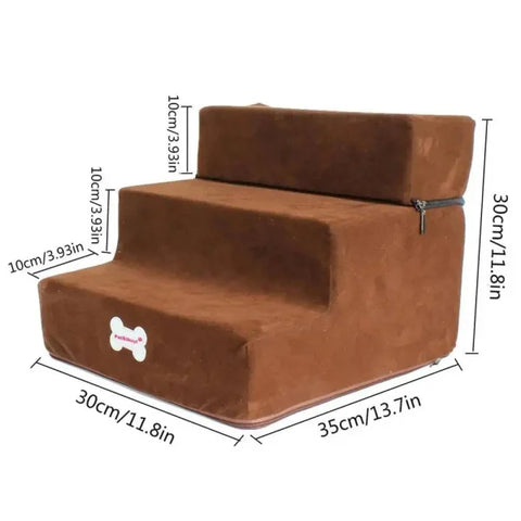 Brown LOOFI 3-Step Memory Foam Pet Stairs for small dogs and cats with a bone emblem