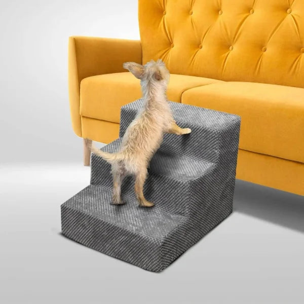 Gray LOOFI 3-Step Memory Foam Pet Stairs with herringbone fabric for small dogs and cats