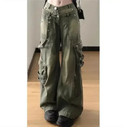 Loose Retro Washed Cargo Jeans Streetwear Women Zipper Baggy Pants Hiphop Straight Pants Multi-pocket Wide Leg Jeans Women - Himpall