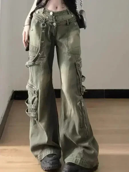 Loose Retro Washed Cargo Jeans Streetwear Women Zipper Baggy Pants Hiphop Straight Pants Multi-pocket Wide Leg Jeans Women - Himpall