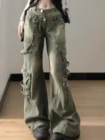 Loose Retro Washed Cargo Jeans Streetwear Women Zipper Baggy Pants Hiphop Straight Pants Multi-pocket Wide Leg Jeans Women - Himpall