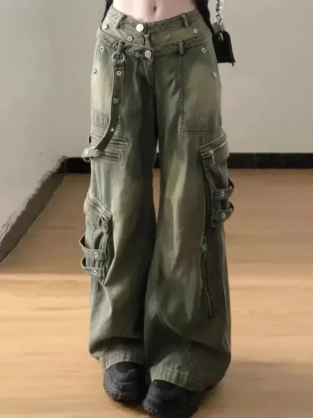 Loose Retro Washed Cargo Jeans Streetwear Women Zipper Baggy Pants Hiphop Straight Pants Multi-pocket Wide Leg Jeans Women - Himpall