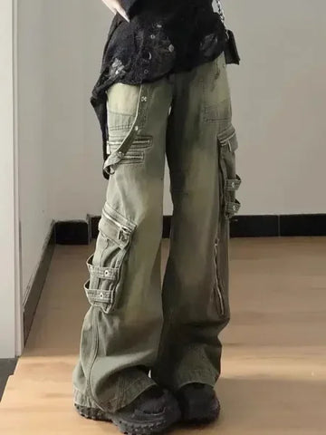 Loose Retro Washed Cargo Jeans Streetwear Women Zipper Baggy Pants Hiphop Straight Pants Multi-pocket Wide Leg Jeans Women - Himpall