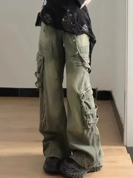 Loose Retro Washed Cargo Jeans Streetwear Women Zipper Baggy Pants Hiphop Straight Pants Multi-pocket Wide Leg Jeans Women - Himpall