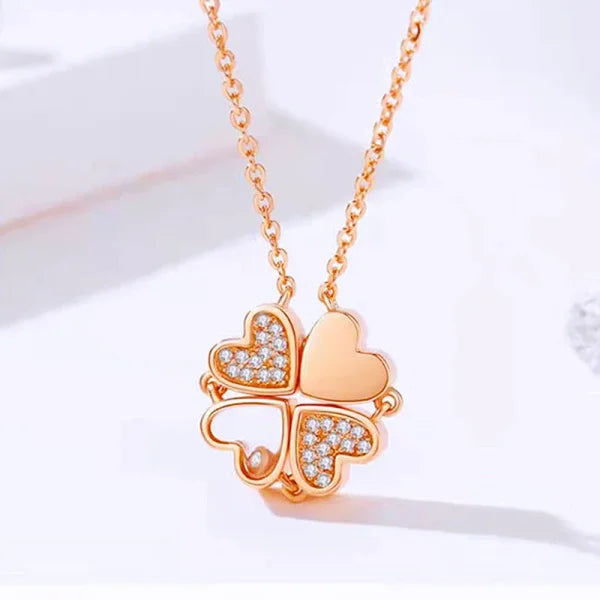Love Magnetic Pendant Necklace – 4-in-1 Heart Shaped Clover Jewelry Gift - D0605 Rose Gold