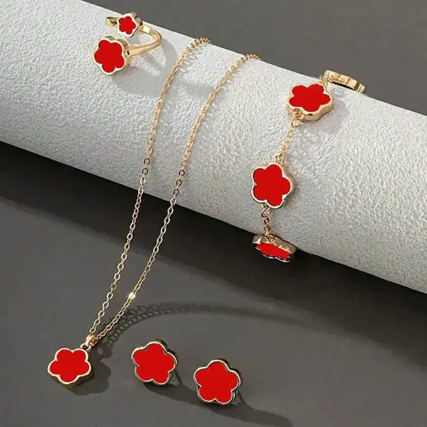 Lucky Five-Leaf Clover Jewelry Set for Women – Elegant Bracelet Necklace & Earrings | Stylish Flower Design for Parties