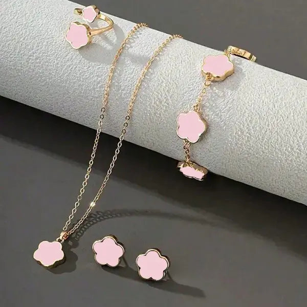 Lucky Five-Leaf Clover Jewelry Set for Women – Elegant Bracelet Necklace & Earrings | Stylish Flower Design for Parties