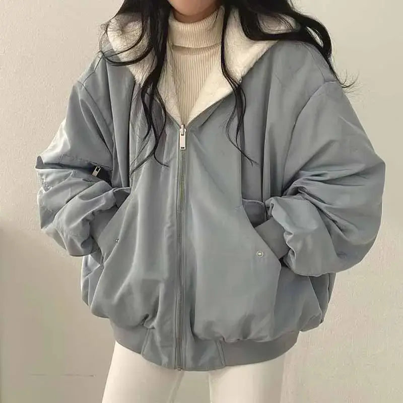 Lucyever Two-Sided Wear Fleece Warm Jacket Women Autumn Winter New Zipper Hooded Parkas Coat Female Loose Thick Thermal