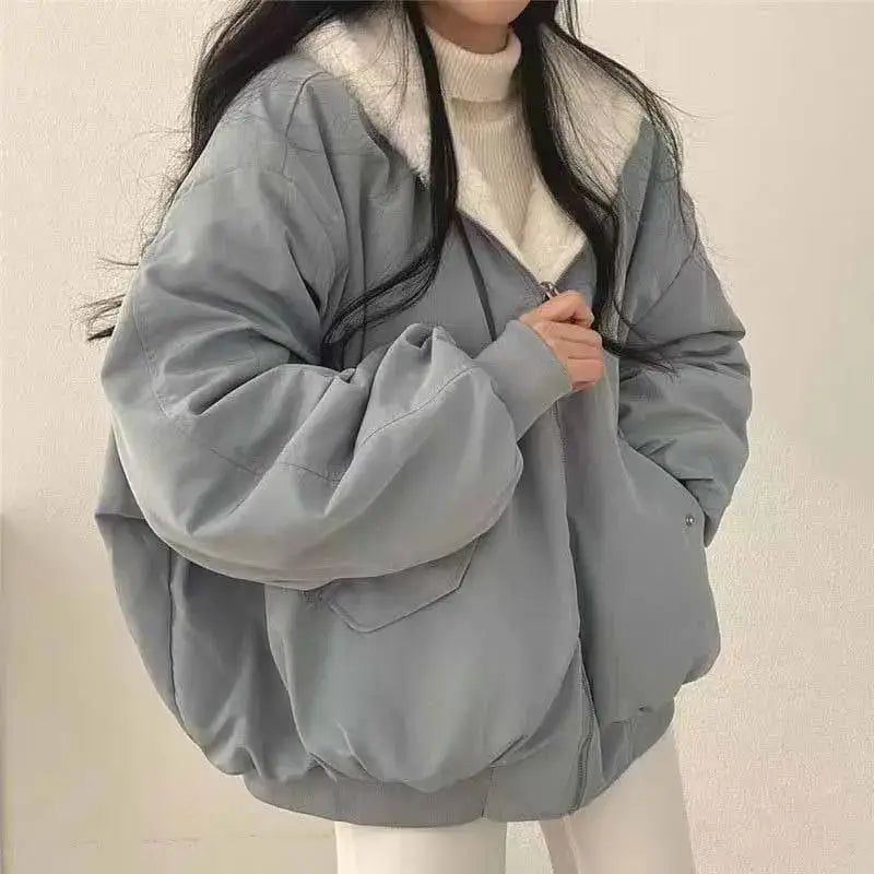 Lucyever Two-Sided Wear Fleece Warm Jacket Women Autumn Winter New Zipper Hooded Parkas Coat Female Loose Thick Thermal