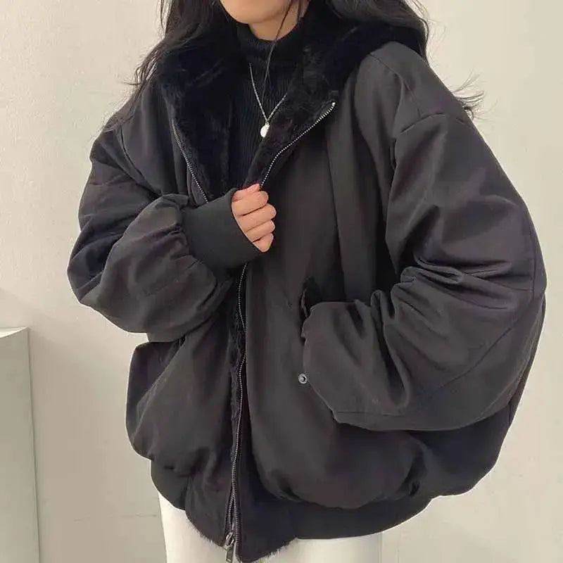 Lucyever Two-Sided Wear Fleece Warm Jacket Women Autumn Winter New Zipper Hooded Parkas Coat Female Loose Thick Thermal