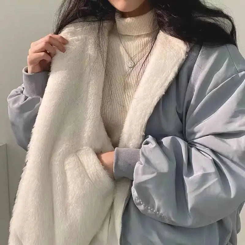 Lucyever Two-Sided Wear Fleece Warm Jacket Women Autumn Winter New Zipper Hooded Parkas Coat Female Loose Thick Thermal
