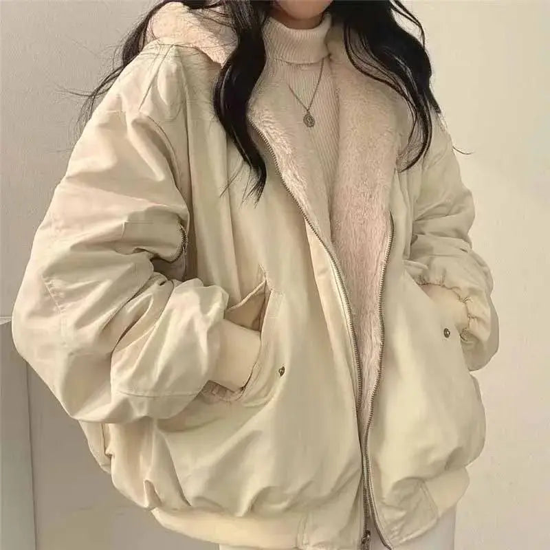 Lucyever Two-Sided Wear Fleece Warm Jacket Women Autumn Winter New Zipper Hooded Parkas Coat Female Loose Thick Thermal