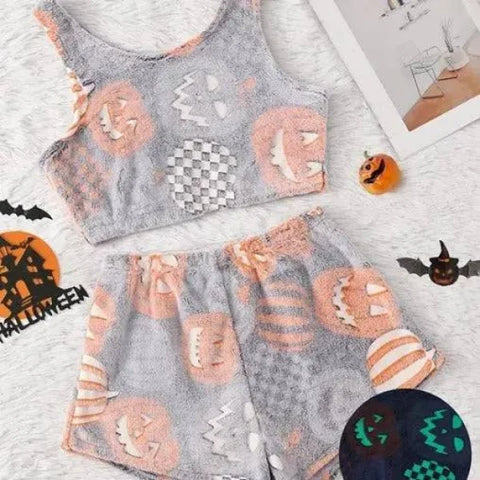 Women Halloween Pajamas - Luminous Flannel Sleepwear for Cozy Nights