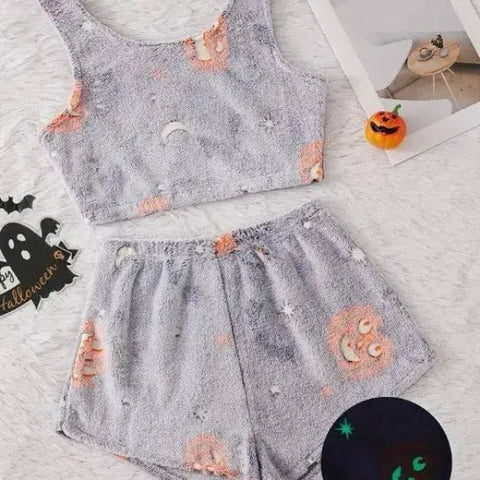 Women Halloween Pajamas - Luminous Flannel Sleepwear for Cozy Nights