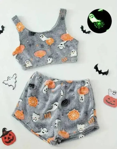 Women Halloween Pajamas - Luminous Flannel Sleepwear for Cozy Nights - Luminous Gray / L