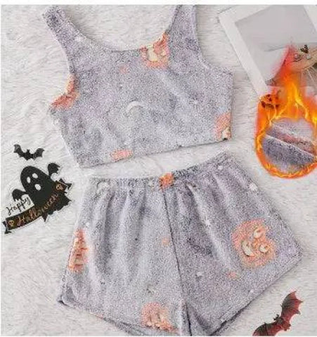 Women Halloween Pajamas - Luminous Flannel Sleepwear for Cozy Nights - Moon pumpkin / L